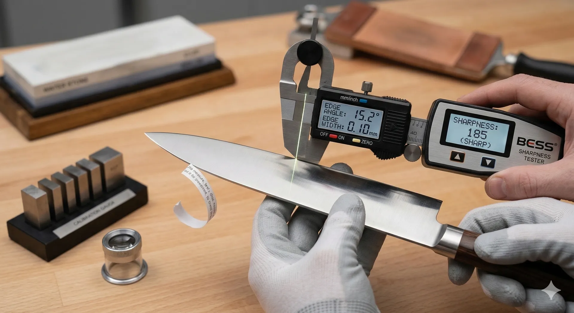 A craftsman measuring a blade with a digital caliper